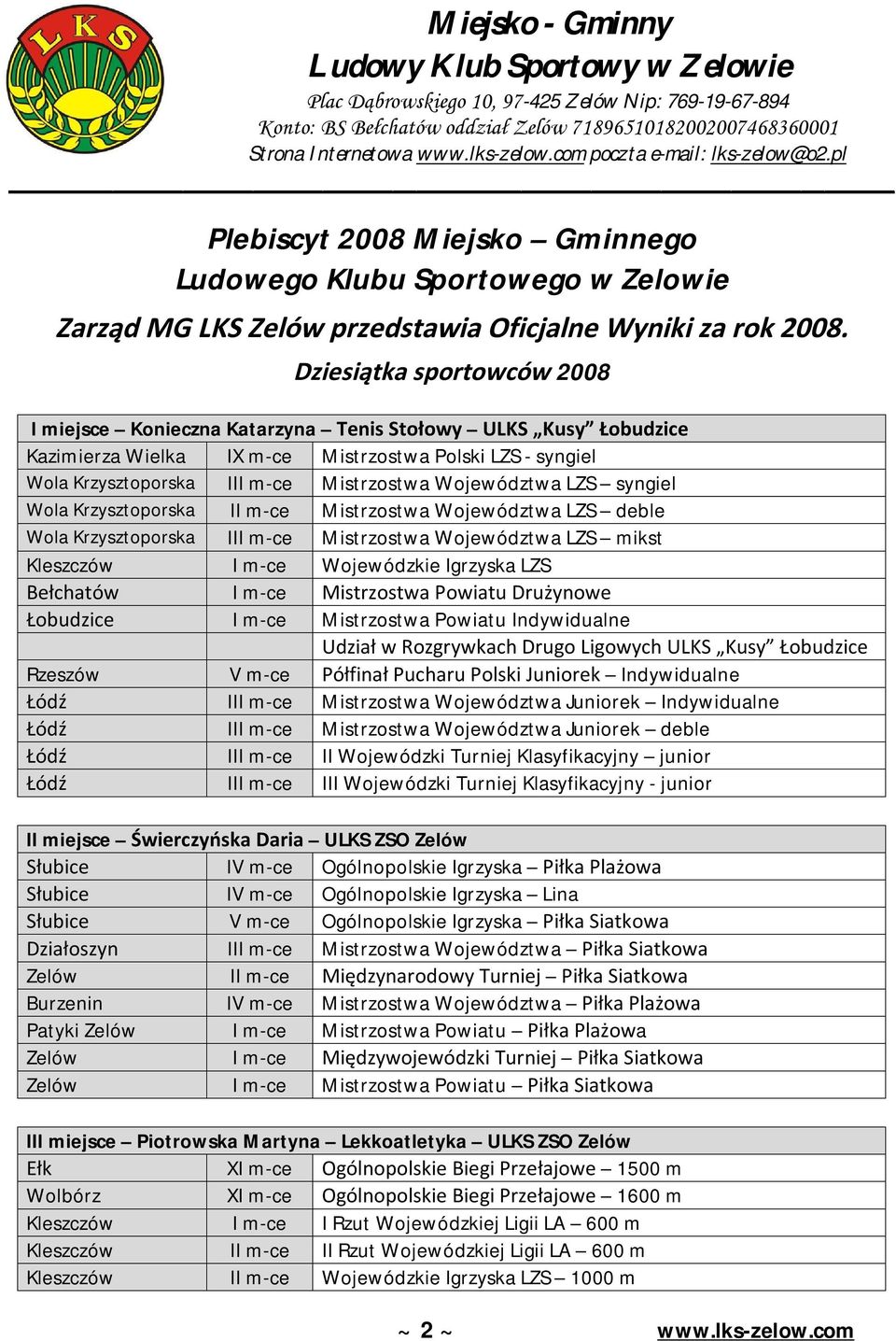 Dziesiątka sportowców 2008 I miejsce Konieczna Katarzyna Tenis Stołowy ULKS Kusy Łobudzice Kazimierza Wielka IX m-ce Mistrzostwa Polski LZS - syngiel Wola Krzysztoporska III m-ce Mistrzostwa