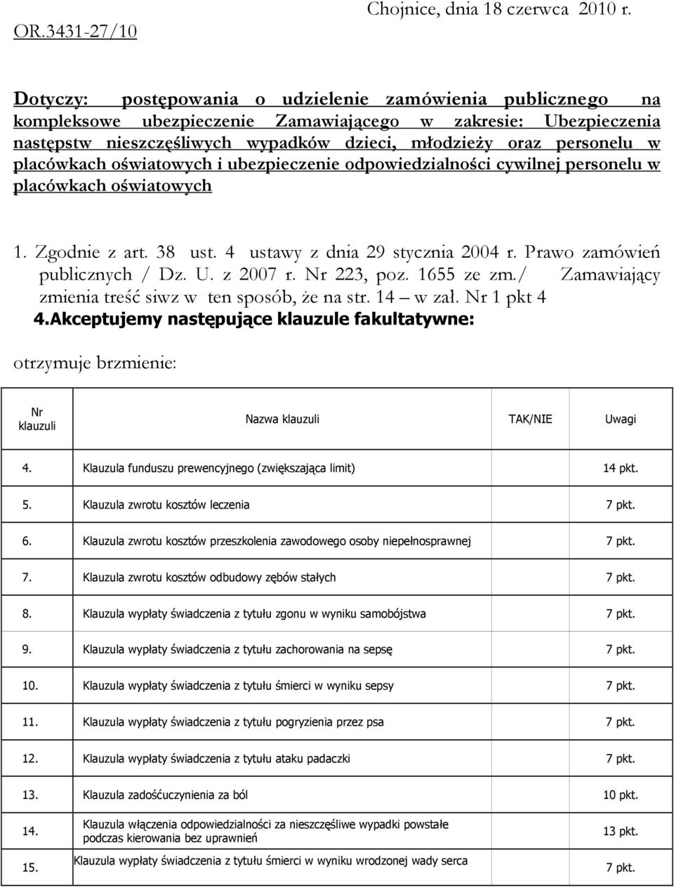 placówkach oświatowych i ubezpieczenie odpowiedzialności cywilnej personelu w placówkach oświatowych 1. Zgodnie z art. 38 ust. 4 ustawy z dnia 29 stycznia 2004 r. Prawo zamówień publicznych / Dz. U.