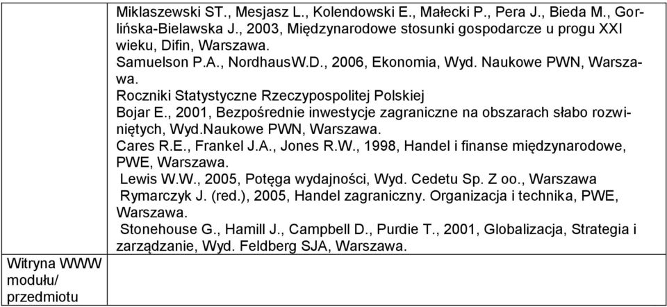 Roczniki Statystyczne Rzeczypospolitej Polskiej Bojar E., 2001, Bezpośrednie inwestycje zagraniczne na obszarach słabo rozwiniętych, Wyd.Naukowe PWN, Warszawa. Cares R.E., Frankel J.A., Jones R.W., 1998, Handel i finanse międzynarodowe, PWE, Warszawa.