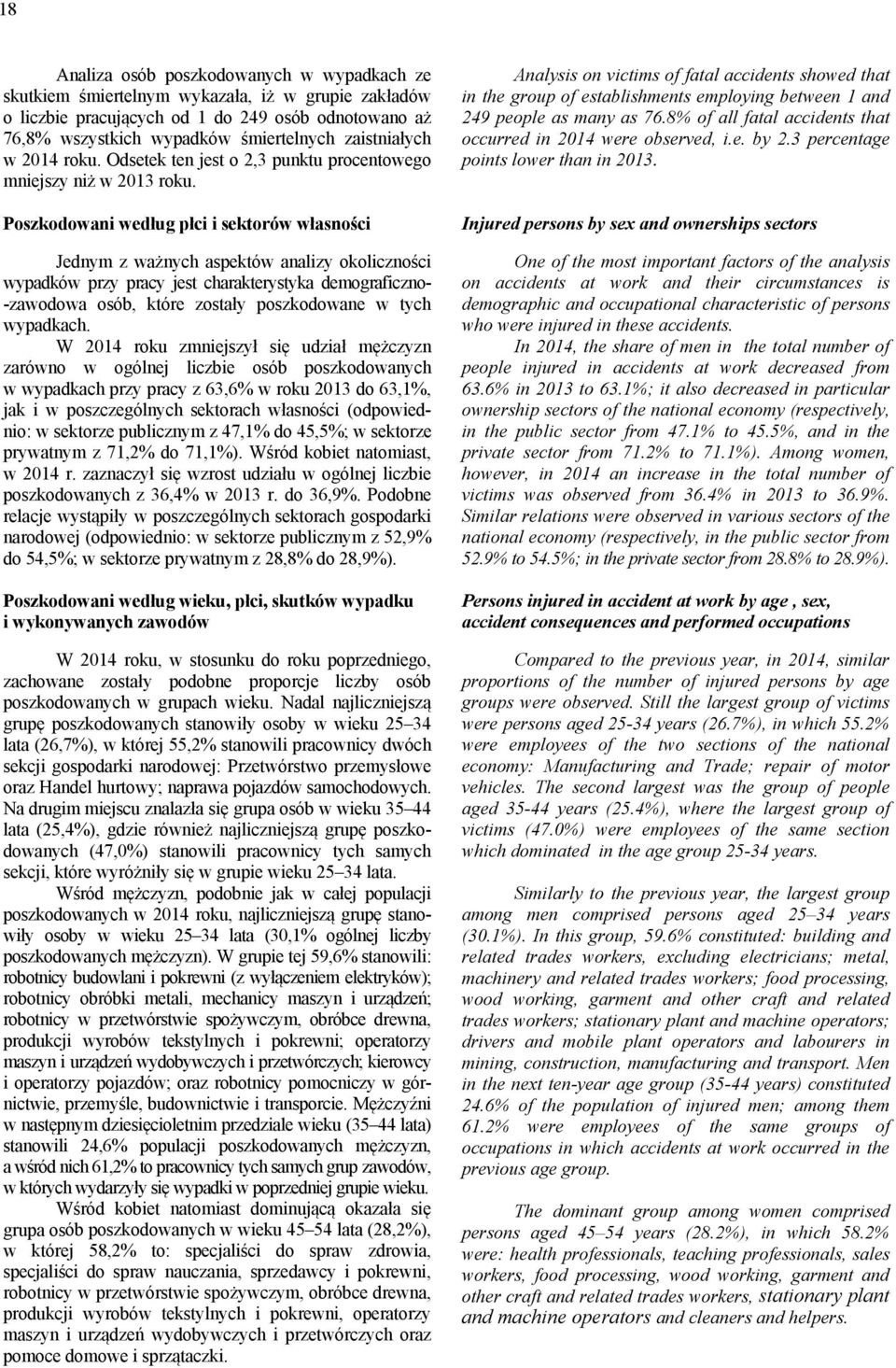 Poszkodowani według płci i sektorów własności Jednym z ważnych aspektów analizy okoliczności wypadków przy pracy jest charakterystyka demograficzno- -zawodowa osób, które zostały poszkodowane w tych