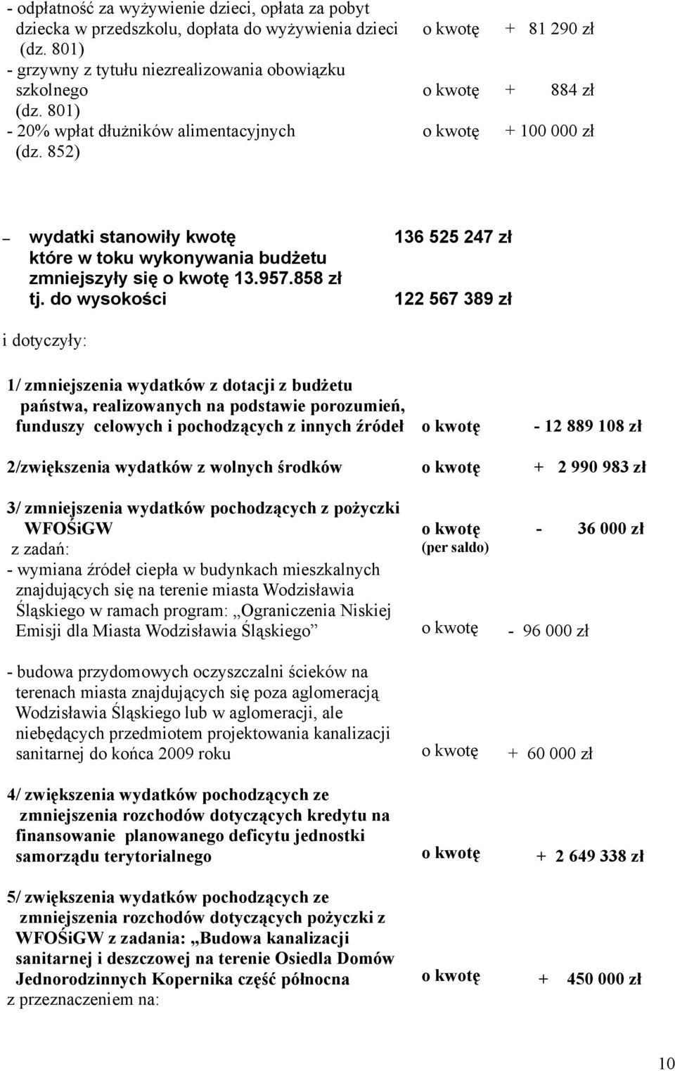 do wysokości 122 567 389 zł i dotyczyły: 1/ zmniejszenia wydatków z dotacji z budżetu państwa, realizowanych na podstawie porozumień, funduszy celowych i pochodzących z innych źródeł 2/zwiększenia