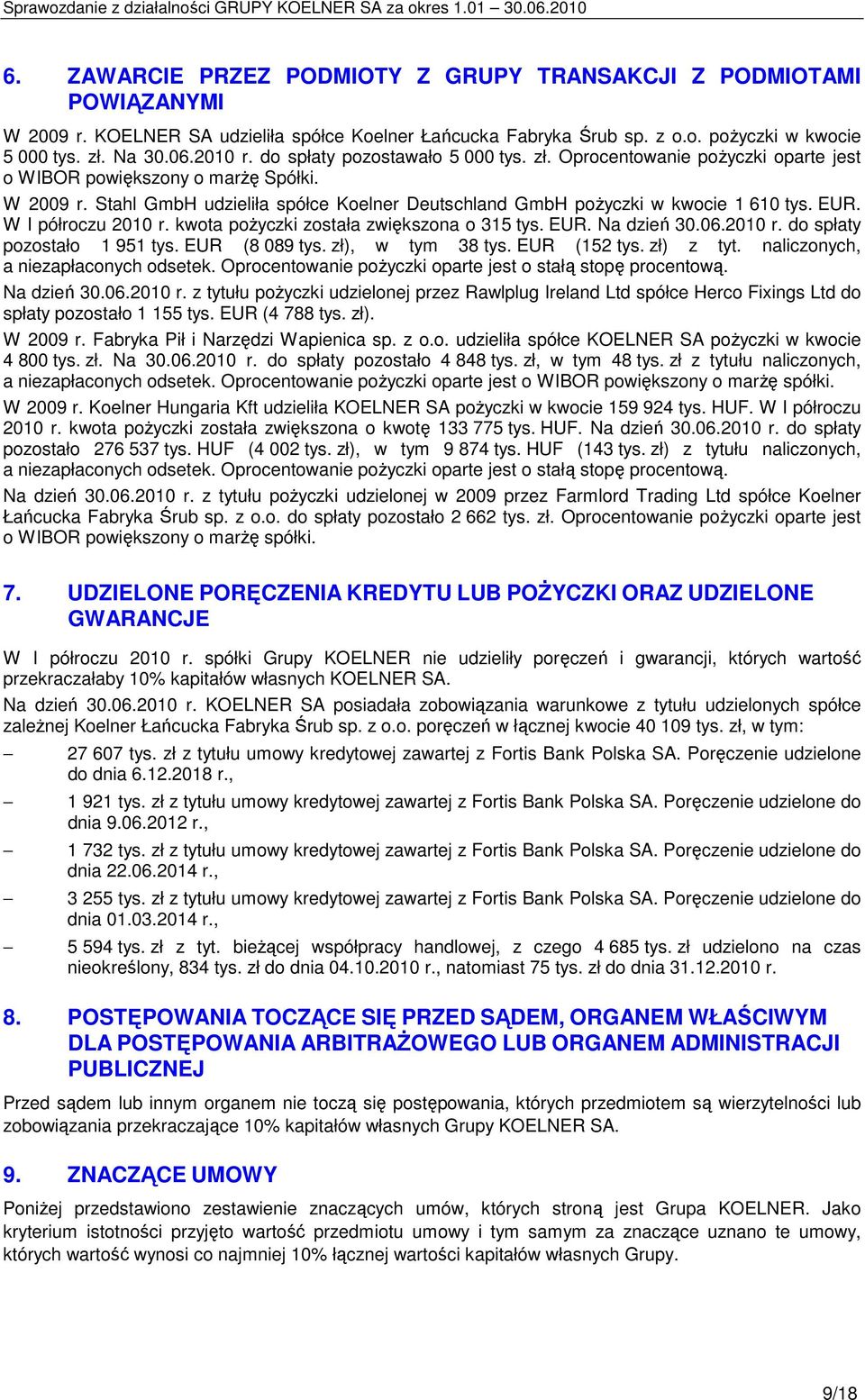 EUR. W I półroczu 2010 r. kwota poŝyczki została zwiększona o 315 tys. EUR. Na dzień 30.06.2010 r. do spłaty pozostało 1 951 tys. EUR (8 089 tys. zł), w tym 38 tys. EUR (152 tys. zł) z tyt.