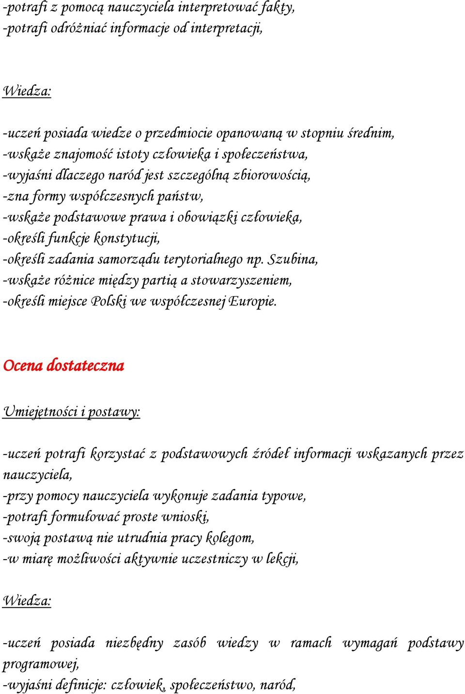 samorządu terytorialnego np. Szubina, -wskaże różnice między partią a stowarzyszeniem, -określi miejsce Polski we współczesnej Europie.