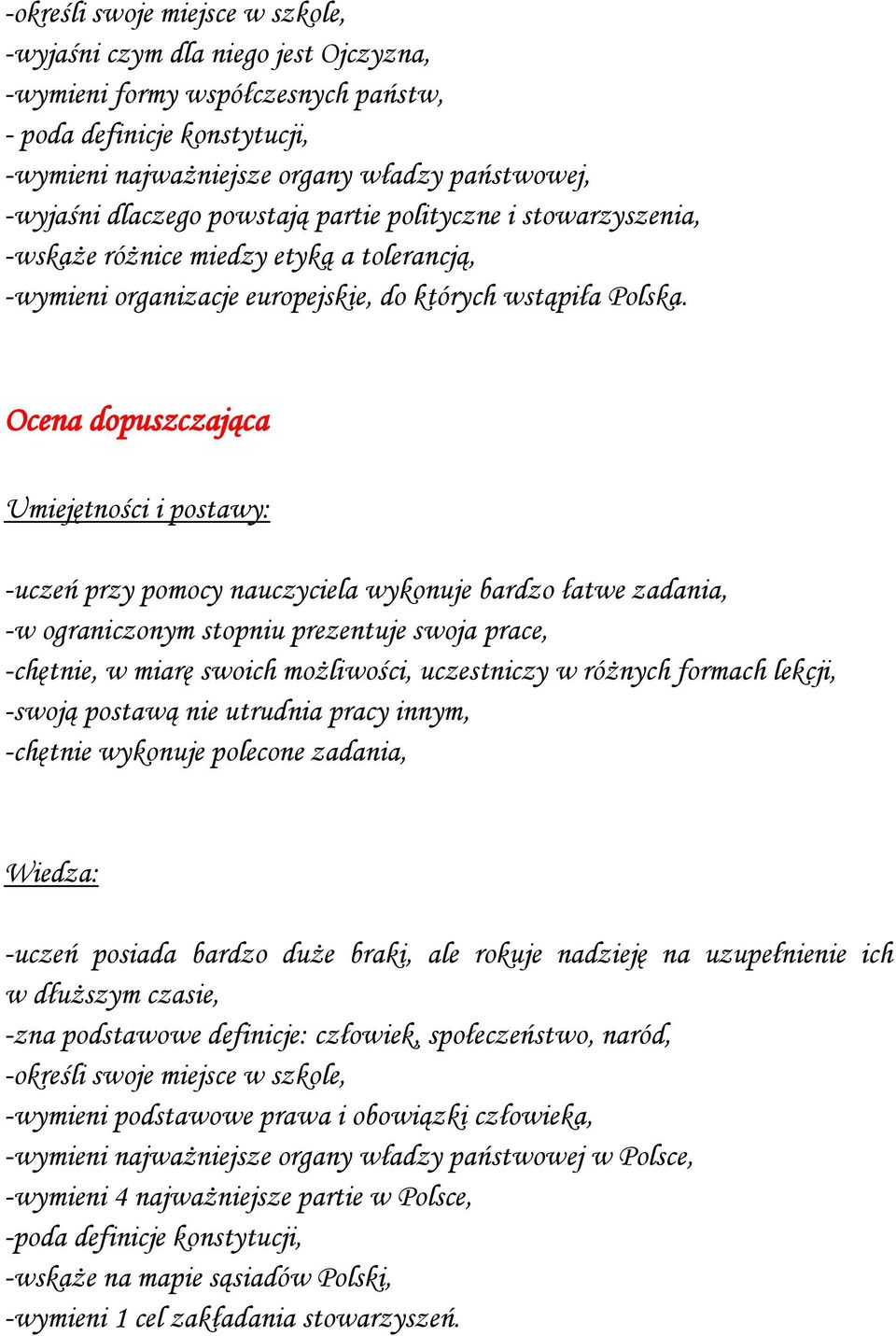 Ocena dopuszczająca -uczeń przy pomocy nauczyciela wykonuje bardzo łatwe zadania, -w ograniczonym stopniu prezentuje swoja prace, -chętnie, w miarę swoich możliwości, uczestniczy w różnych formach