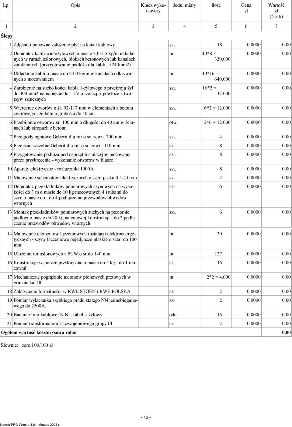 0 kg/ w kanałach odkrywanych z ocowanie 4 Zarobienie na sucho końca kabla 1-żyłowego o przekroju żył do 400 2 na napięcie do 1 kv o izolacji i powłoce z tworzyw sztucznych 5 Wiercenie otworów o śr.