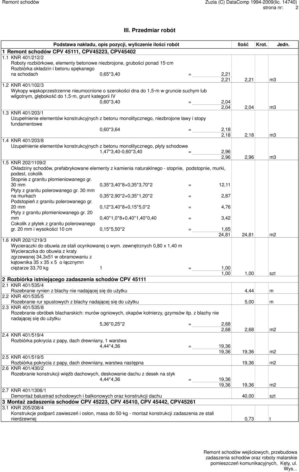 2 KNR 401/102/3 Wykopy wąskoprzestrzenne nieumocnione o szerokości dna do 1,5 m w gruncie suchym lub wilgotnym, głębokość do 1,5 m, grunt kategorii IV 0,60*3,40 = 2,04 2,04 2,04 m3 1.