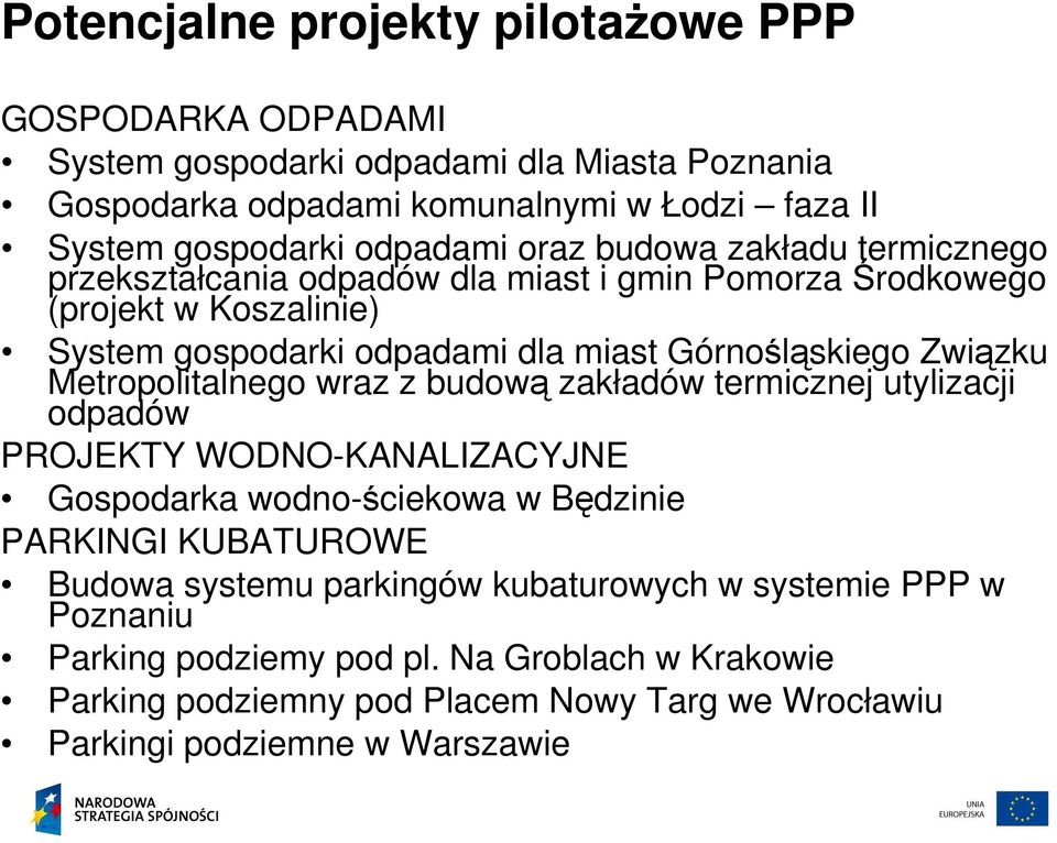 Związku Metropolitalnego wraz z budową zakładów termicznej utylizacji odpadów PROJEKTY WODNO-KANALIZACYJNE Gospodarka wodno-ściekowa w Będzinie PARKINGI KUBATUROWE Budowa