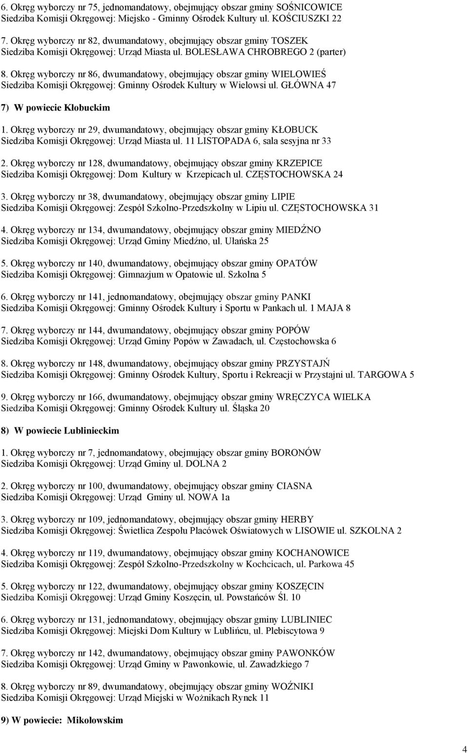 Okręg wyborczy nr 86, dwumandatowy, obejmujący obszar gminy WIELOWIEŚ Siedziba Komisji Okręgowej: Gminny Ośrodek Kultury w Wielowsi ul. GŁÓWNA 47 7) W powiecie Kłobuckim 1.
