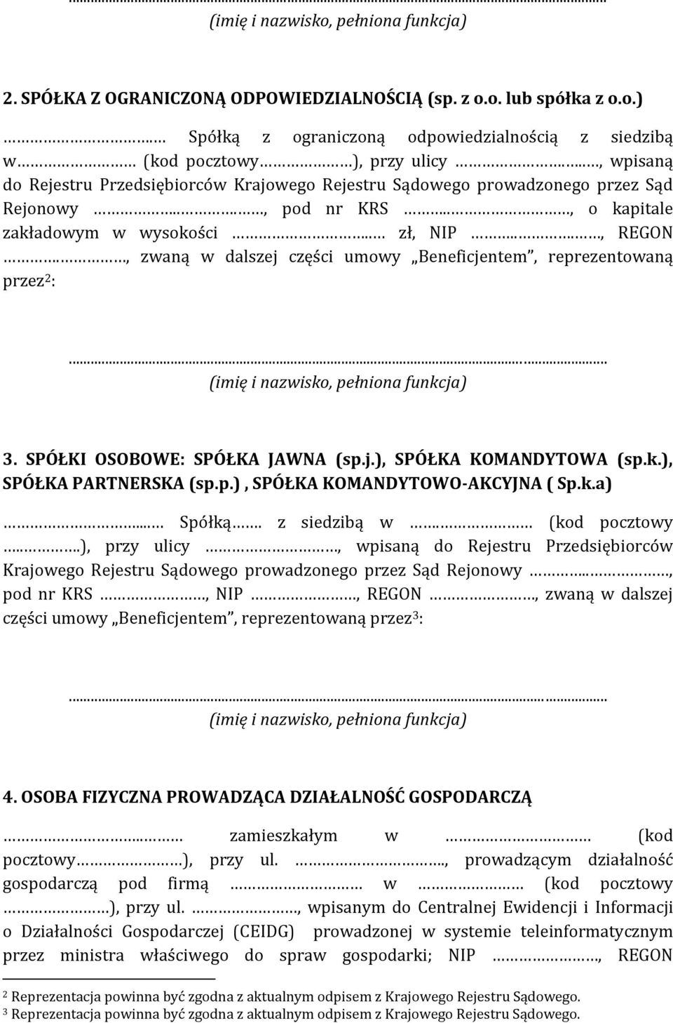 , zwaną w dalszej części umowy Beneficjentem, reprezentowaną przez 2 :... (imię i nazwisko, pełniona funkcja) 3. SPÓŁKI OSOBOWE: SPÓŁKA JAWNA (sp.j.), SPÓŁKA KOMANDYTOWA (sp.k.), SPÓŁKA PARTNERSKA (sp.