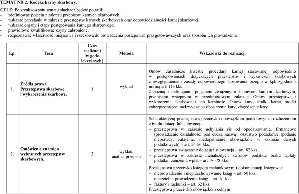 odpowiedzialności karnej skarbowej, - wskazać organy i etapy postępowania karnego skarbowego, - prawidłowo kwalifikować czyny zabronione, - rozpoznawać właściwość miejscową i rzeczową do prowadzenia