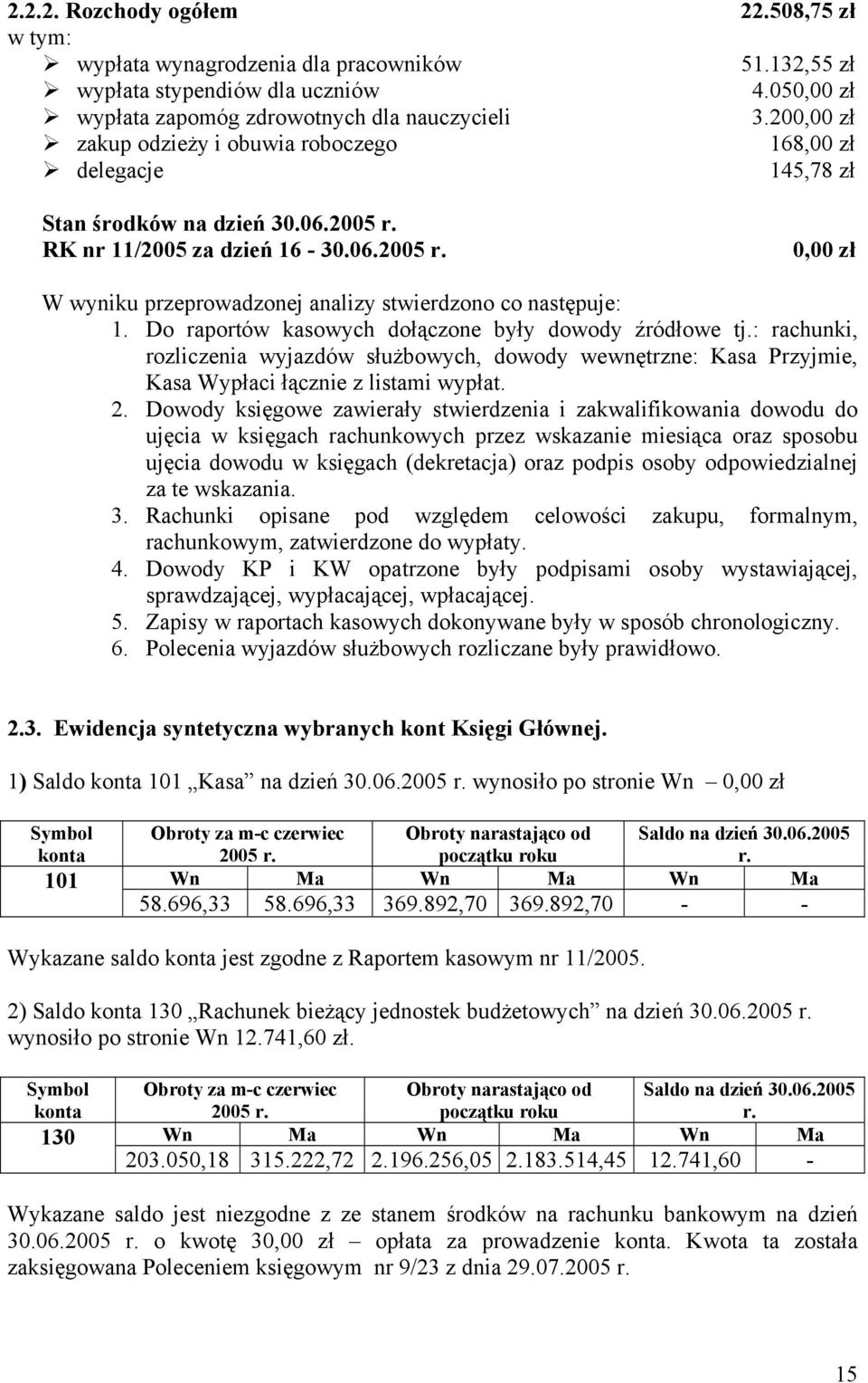 Do raportów kasowych dołączone były dowody źródłowe tj.: rachunki, rozliczenia wyjazdów służbowych, dowody wewnętrzne: Kasa Przyjmie, Kasa Wypłaci łącznie z listami wypłat. 2.