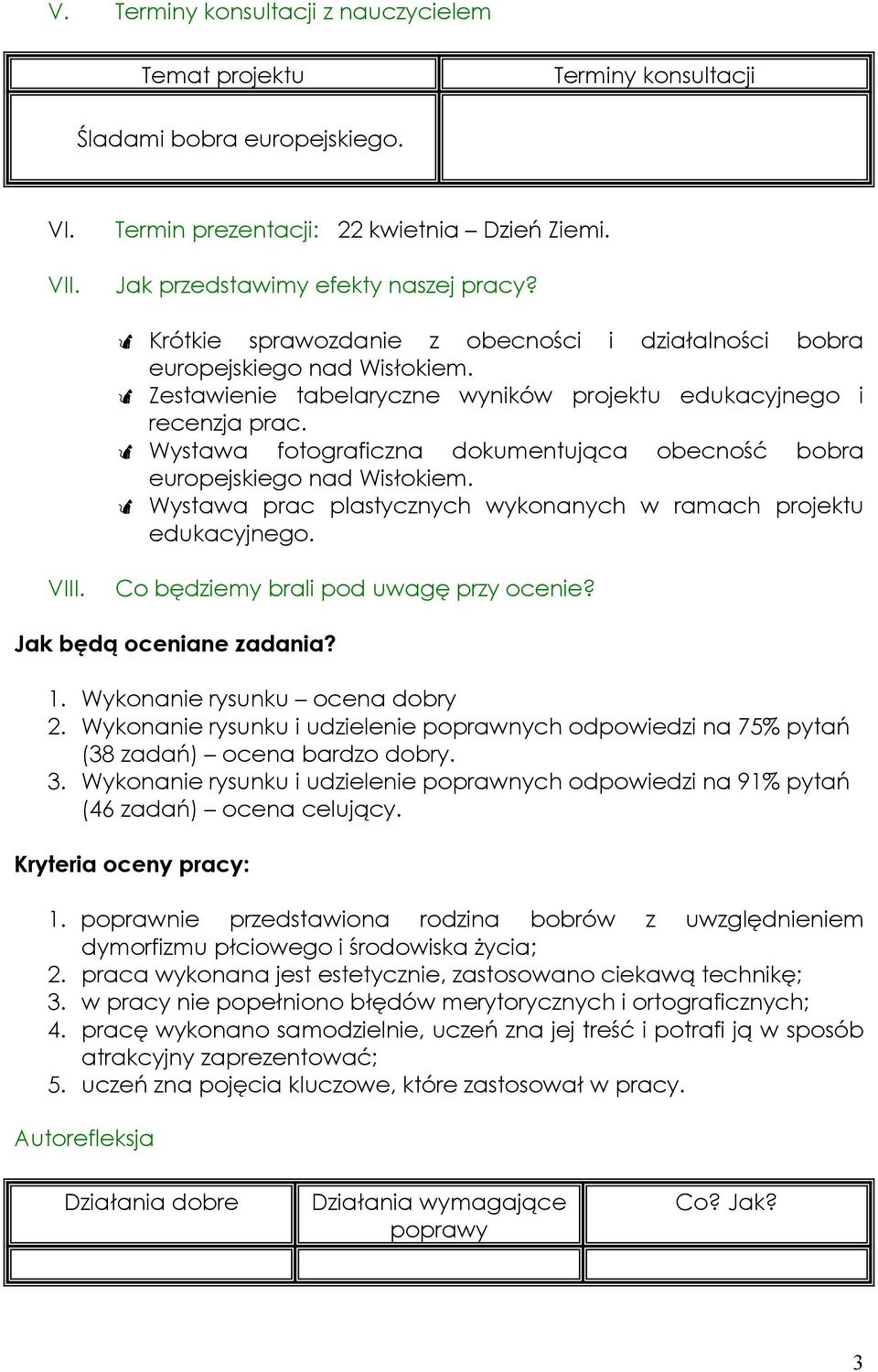 Wystawa fotograficzna dokumentująca obecność bobra europejskiego nad Wisłokiem. Wystawa prac plastycznych wykonanych w ramach projektu edukacyjnego. VIII. Co będziemy brali pod uwagę przy ocenie?