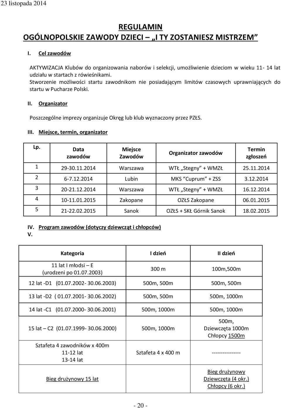 Stworzenie możliwości startu zawodnikom nie posiadającym limitów czasowych uprawniających do startu w Pucharze Polski. II.