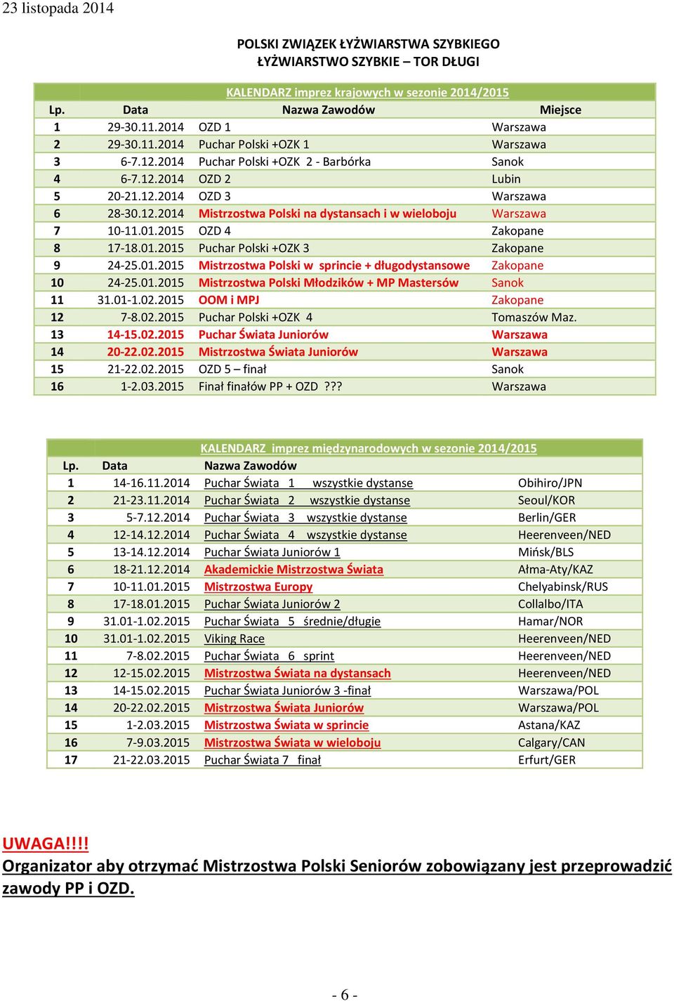 01.2015 Puchar Polski +OZK 3 Zakopane 9 24-25.01.2015 Mistrzostwa Polski w sprincie + długodystansowe Zakopane 10 24-25.01.2015 Mistrzostwa Polski Młodzików + MP Mastersów Sanok 11 31.01-1.02.