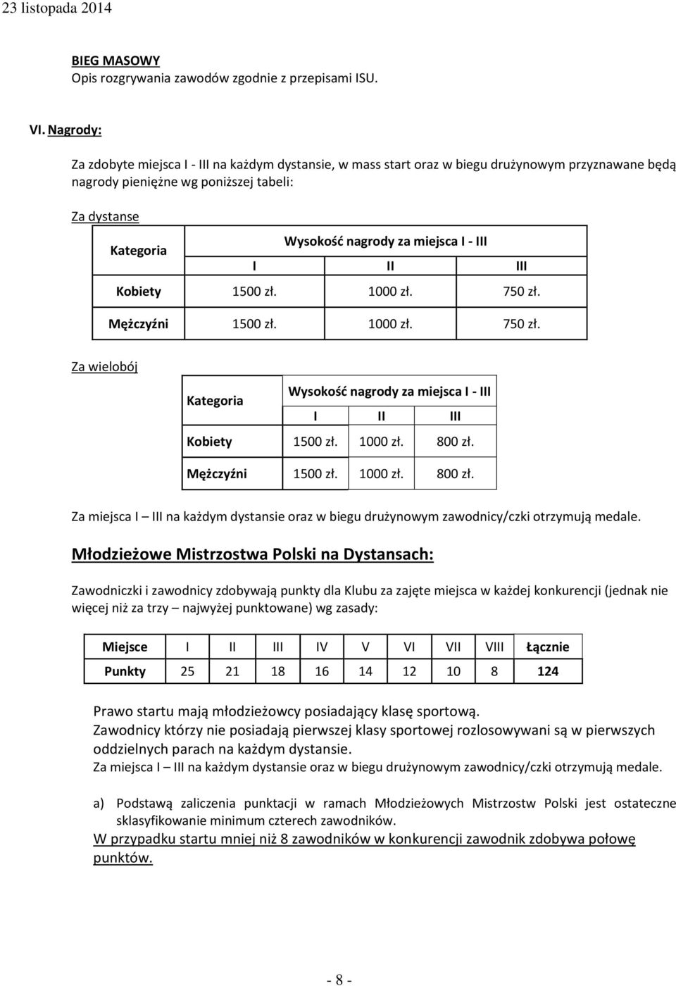 I - III I II III Kobiety 1500 zł. 1000 zł. 750 zł. Mężczyźni 1500 zł. 1000 zł. 750 zł. Za wielobój Kategoria Wysokość nagrody za miejsca I - III I II III Kobiety 1500 zł. 1000 zł. 800 zł.