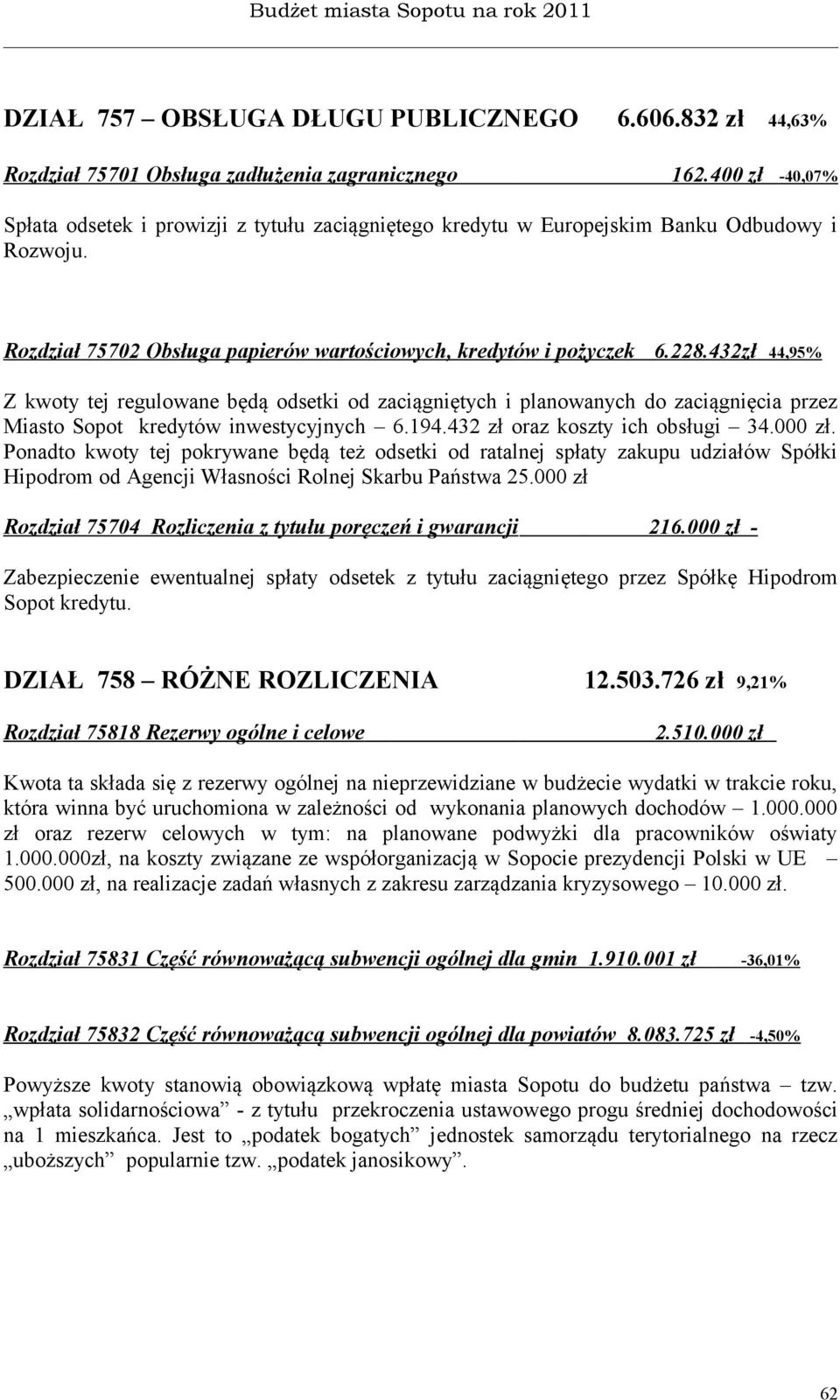 432zł 44,95% Z kwoty tej regulowane będą odsetki od zaciągniętych i planowanych do zaciągnięcia przez Miasto Sopot kredytów inwestycyjnych 6.194.432 zł oraz koszty ich obsługi 34.000 zł.