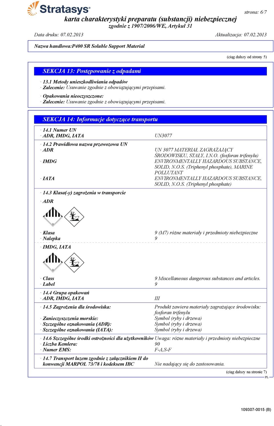 SEKCJA 14: Informacje dotyczące transportu 14.1 Numer UN ADR, IMDG, IATA UN3077 14.2 Prawidłowa nazwa przewozowa UN ADR UN 3077 MATERIAŁ ZAGRAŻAJĄCY ŚROD