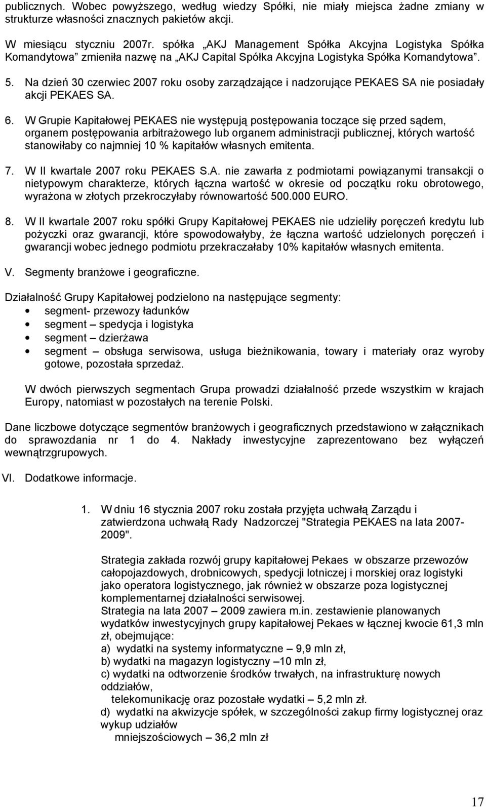 Na dzień 30 czerwiec 2007 roku osoby zarządzające i nadzorujące PEKAES SA nie posiadały akcji PEKAES SA. 6.