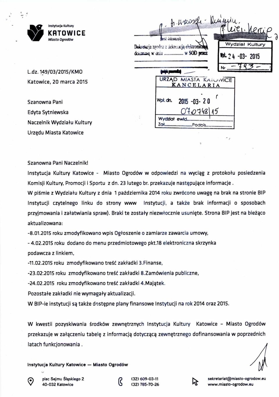 2015-03- 2 0 r 0 14;D r/ (12\ 45 Wydział ewid Zał Podpis Nr Szanowna Pani Naczelnik!