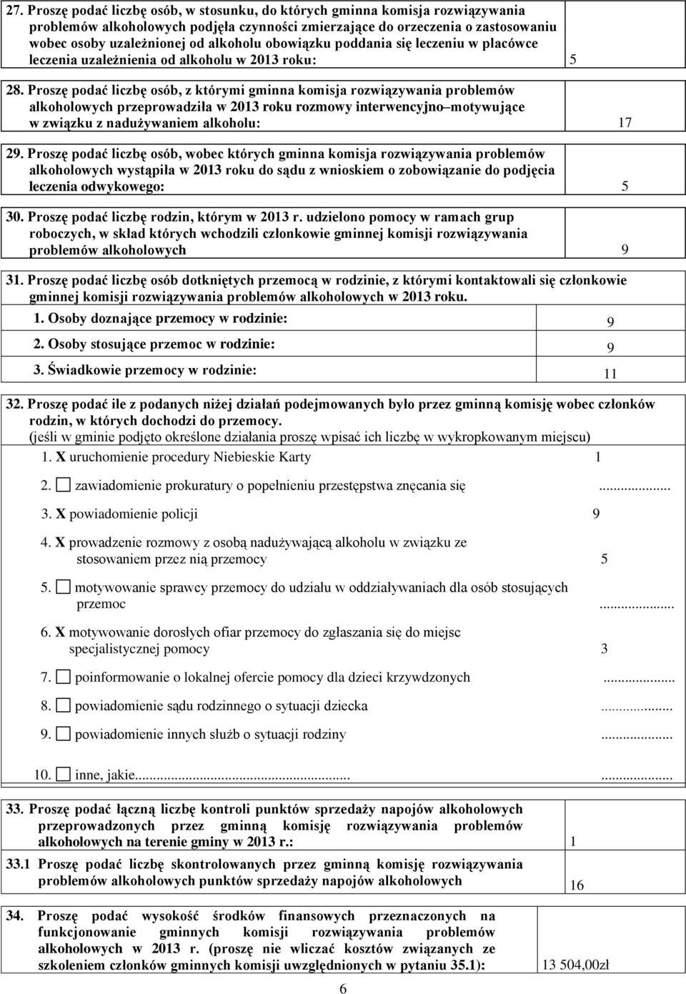 Proszę podać liczbę osób, z którymi gminna komisja rozwiązywania problemów alkoholowych przeprowadziła w 213 roku rozmowy interwencyjno motywujące w związku z nadużywaniem alkoholu: 17 29.