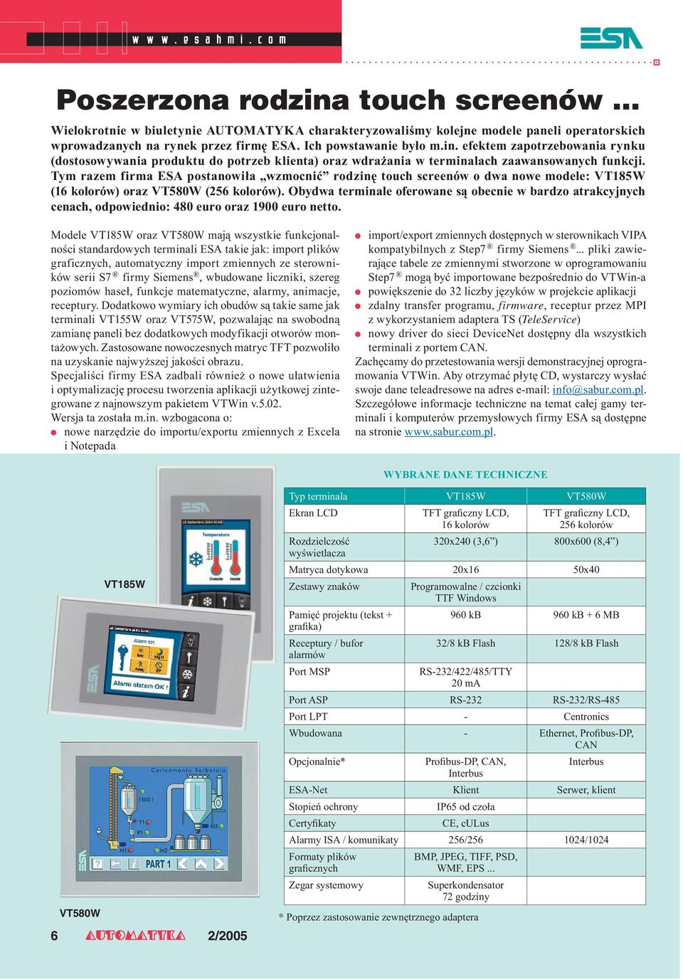 Tym razem firma ESA postanowiła wzmocnić rodzinę touch screenów o dwa nowe modele: VT185W (16 kolorów) oraz VT580W (256 kolorów).