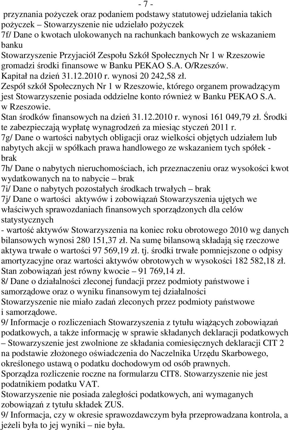 Zespół szkół Społecznych Nr 1 w Rzeszowie, którego organem prowadzącym jest Stowarzyszenie posiada oddzielne konto również w Banku PEKAO S.A. w Rzeszowie. Stan środków finansowych na dzień 31.12.