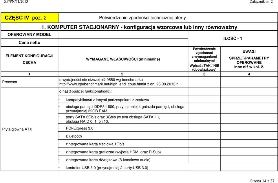 o następującej funkcjonalności: kompatybilność z innymi podzespołami z zestawu Płyta główna ATX obsługa pamięci DDR3-1600, przynajmniej 4 gniazda pamięci, obsługa przynajmniej 32GB RAM porty SATA