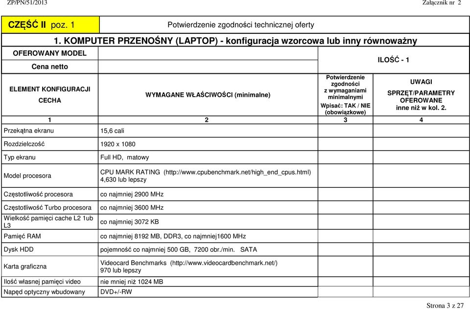 html) 4,630 lub lepszy co najmniej 2900 MHz Częstotliwość Turbo procesora Wielkość pamięci cache L2 1ub L3 co najmniej 3600 MHz co najmniej 3072 KB Pamięć RAM co najmniej 8192 MB, DDR3, co