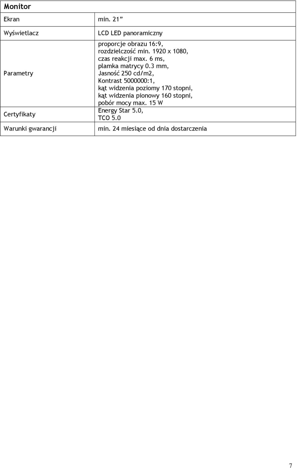 16:9, rozdzielczość min. 1920 x 1080, czas reakcji max. 6 ms, plamka matrycy 0.