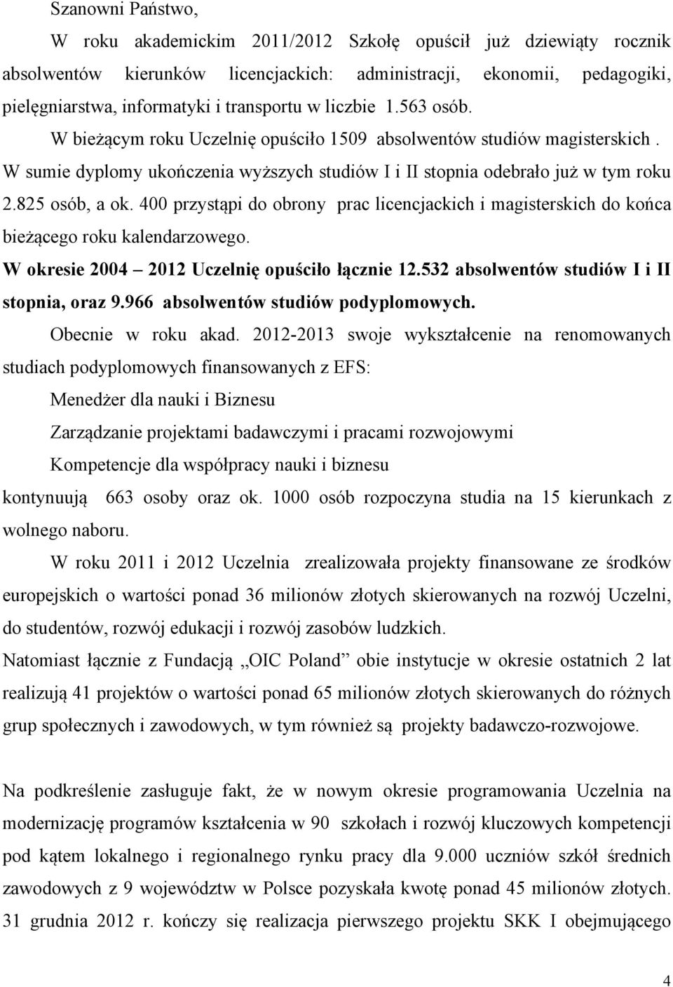 400 przystąpi do obrony prac licencjackich i magisterskich do końca bieżącego roku kalendarzowego. W okresie 2004 2012 Uczelnię opuściło łącznie 12.532 absolwentów studiów I i II stopnia, oraz 9.