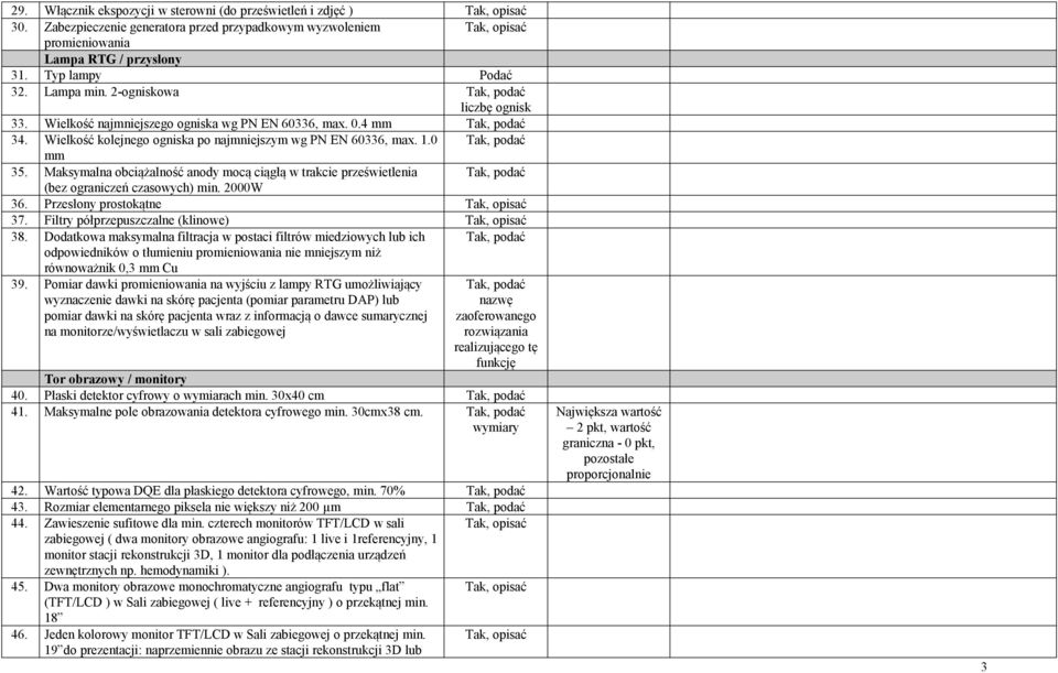 Maksymalna obciążalność anody mocą ciągłą w trakcie prześwietlenia (bez ograniczeń czasowych) min. 2000W 36. Przesłony prostokątne 37. Filtry półprzepuszczalne (klinowe) 38.