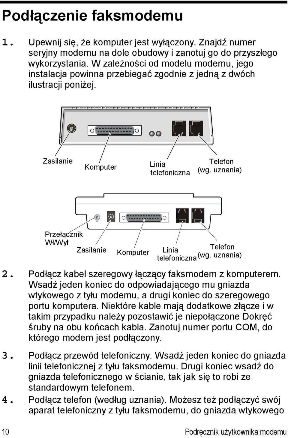 uznania) Przełącznik Wł/Wył Zasilanie Komputer Linia Telefon telefoniczna (wg. uznania) 2. Podłącz kabel szeregowy łączący faksmodem z komputerem.