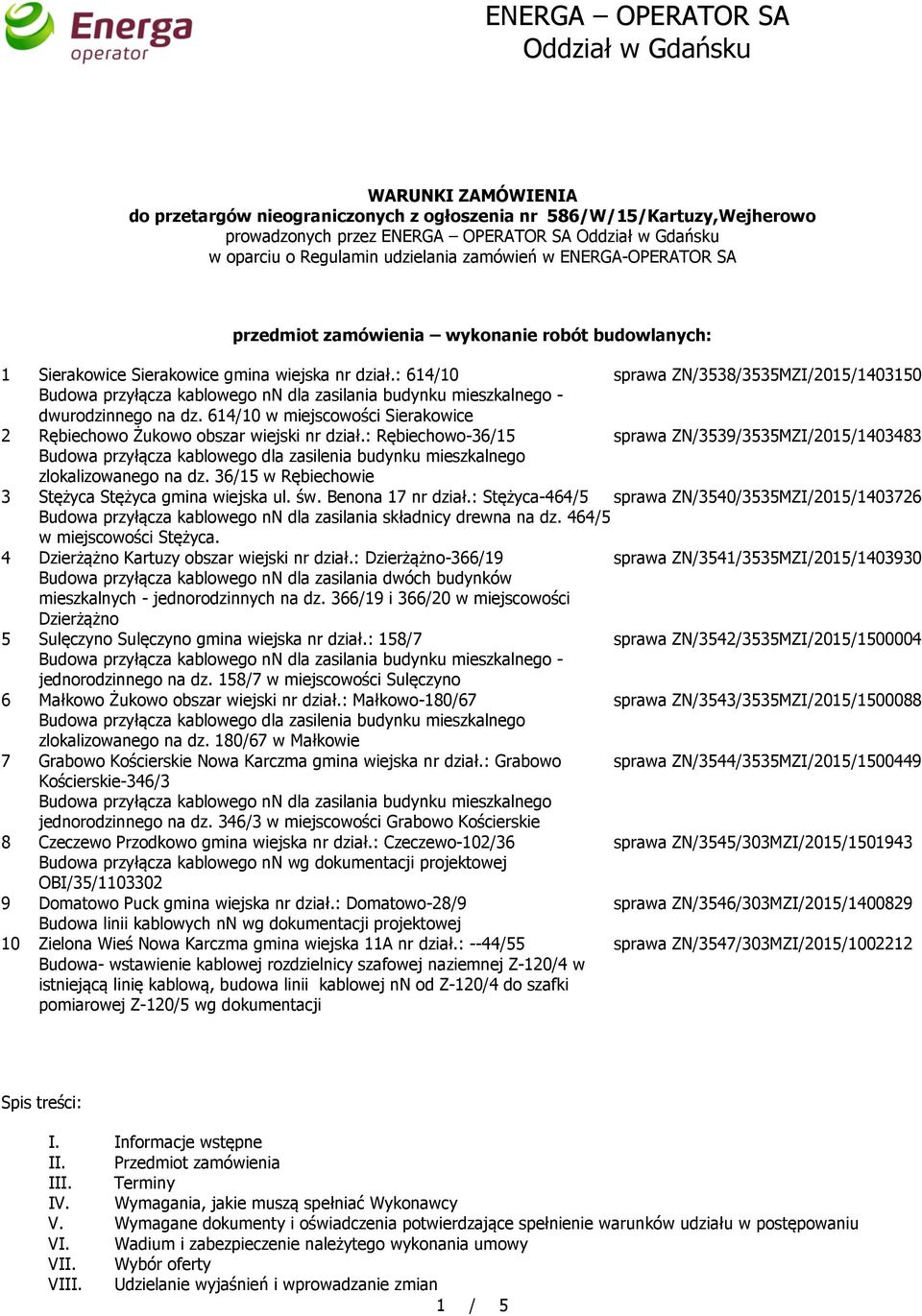 : 614/10 sprawa ZN/3538/3535MZI/2015/1403150 Budowa przyłącza kablowego nn dla zasilania budynku mieszkalnego - dwurodzinnego na dz.