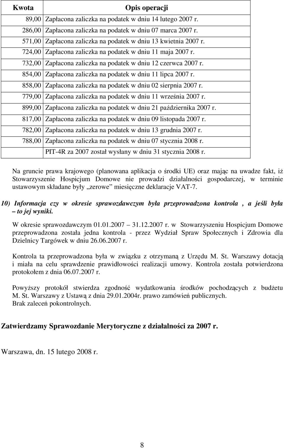 854,00 Zapłacona zaliczka na podatek w dniu 11 lipca 2007 r. 858,00 Zapłacona zaliczka na podatek w dniu 02 sierpnia 2007 r. 779,00 Zapłacona zaliczka na podatek w dniu 11 września 2007 r.