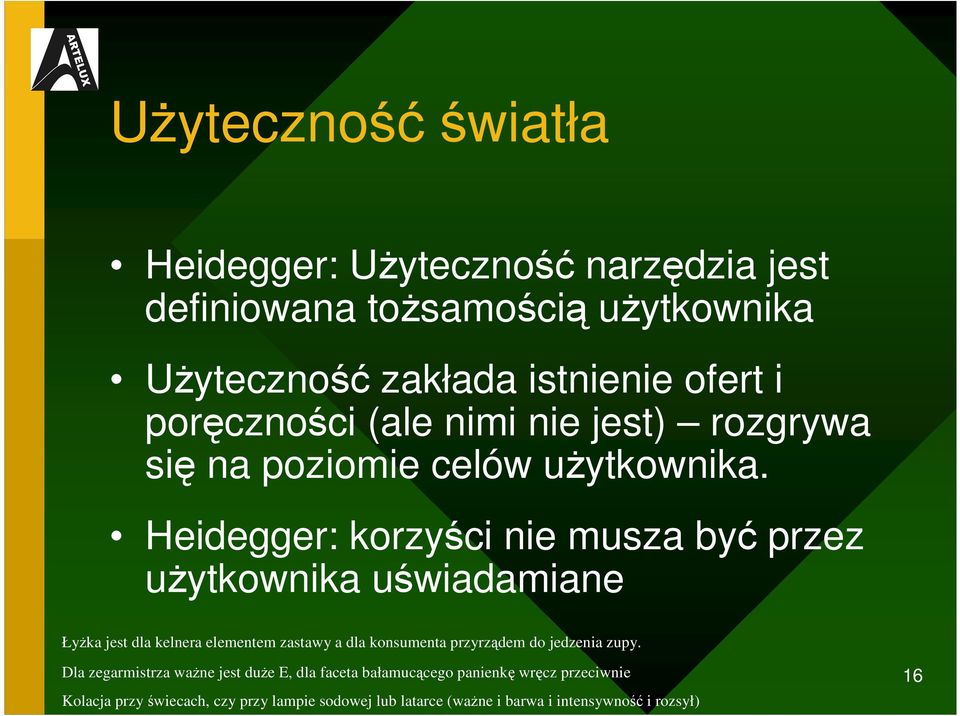 Heidegger: korzyści nie musza być przez uŝytkownika uświadamiane ŁyŜka jest dla kelnera elementem zastawy a dla konsumenta przyrządem do