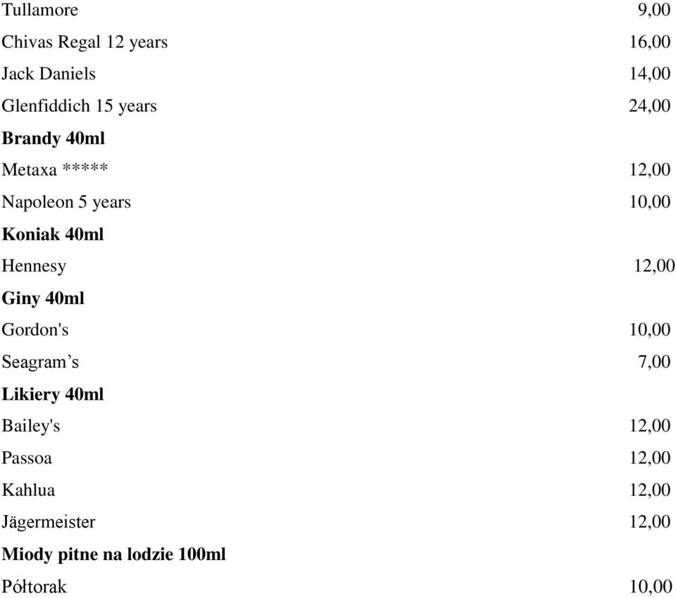 Hennesy 12,00 Giny 40ml Gordon's 10,00 Seagram s 7,00 Likiery 40ml Bailey's