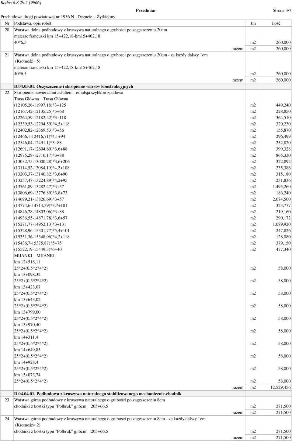 Oczyszczenie i skropienie warstw konstrukcyjnych 22 Skropienie nawierzchni asfaltem - emulsja szybkorozpadowa (12339,53-12294,59)*4,5+118 m2 320,230 (12402,82-12369,53)*3+56 m2 155,870