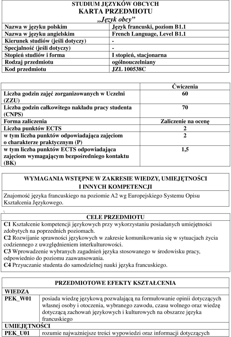 zajęć zorganizowanych w Uczelni 0 (ZZU) Liczba godzin całkowitego nakładu pracy studenta 70 (CNPS) Forma zaliczenia Zaliczenie na ocenę Liczba punktów ECTS w tym liczba punktów odpowiadająca zajęciom