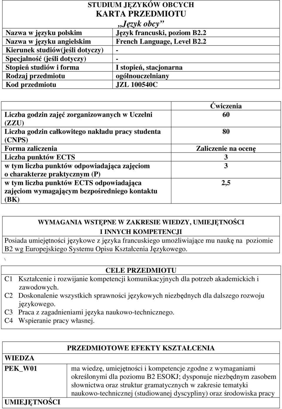 zajęć zorganizowanych w Uczelni 0 (ZZU) Liczba godzin całkowitego nakładu pracy studenta 80 (CNPS) Forma zaliczenia Zaliczenie na ocenę Liczba punktów ECTS 3 w tym liczba punktów odpowiadająca