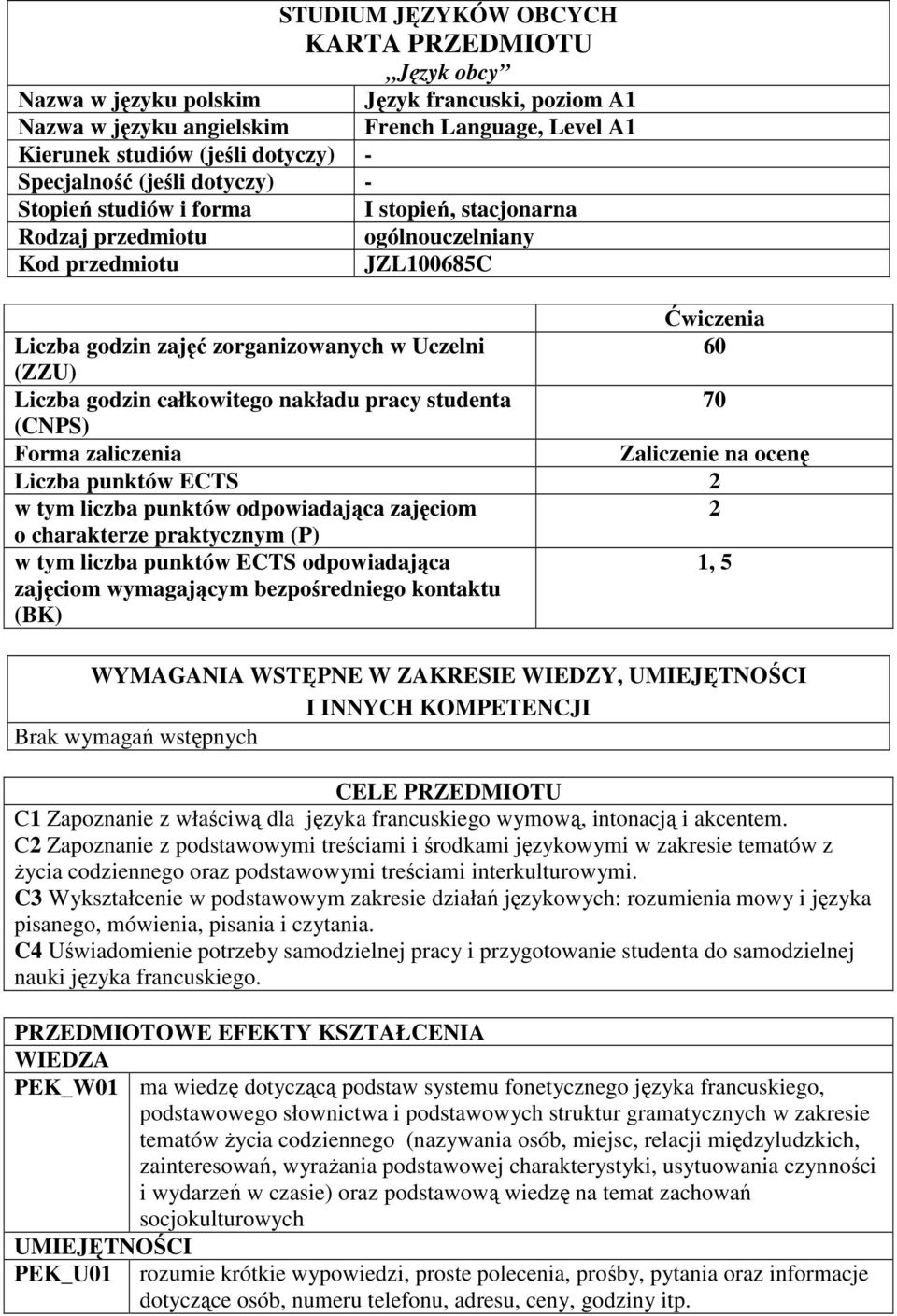 godzin całkowitego nakładu pracy studenta 70 (CNPS) Forma zaliczenia Zaliczenie na ocenę Liczba punktów ECTS w tym liczba punktów odpowiadająca zajęciom o charakterze praktycznym (P) w tym liczba