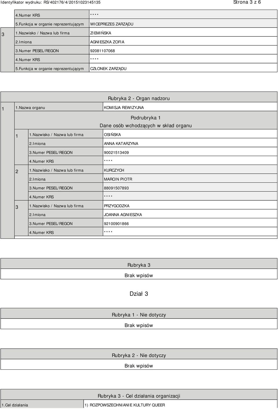 Nazwisko / Nazwa lub firma OSIŃSKA ANNA KATARZYNA 3.Numer PESEL/REGON 90021513409 2 1.Nazwisko / Nazwa lub firma KURCZYCH MARCIN PIOTR 3.Numer PESEL/REGON 88091507893 3 1.