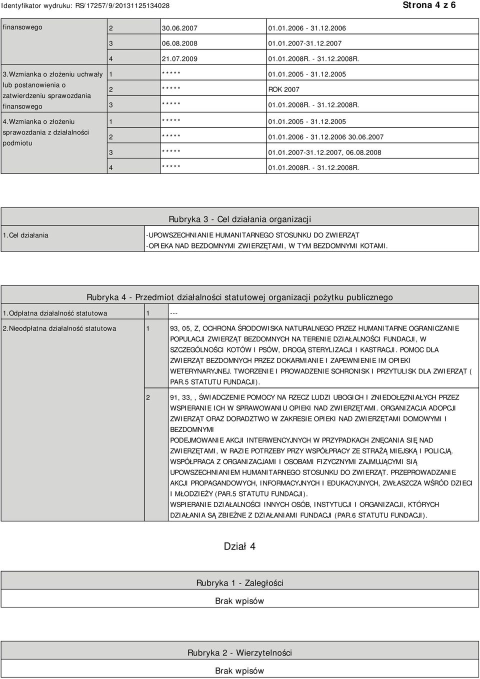 06.2007 3 ***** 01.01.2007-31.12.2007, 06.08.2008 4 ***** 01.01.2008R. - 31.12.2008R. Rubryka 3 - Cel działania organizacji 1.