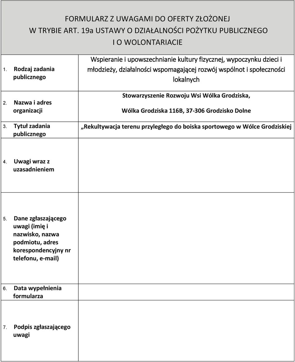 Stowarzyszenie Rozwoju Wsi Wólka Grodziska, Wólka Grodziska 116B, 37-306 Grodzisko Dolne Rekultywacja terenu przyległego do boiska sportowego w Wólce Grodziskiej 4.