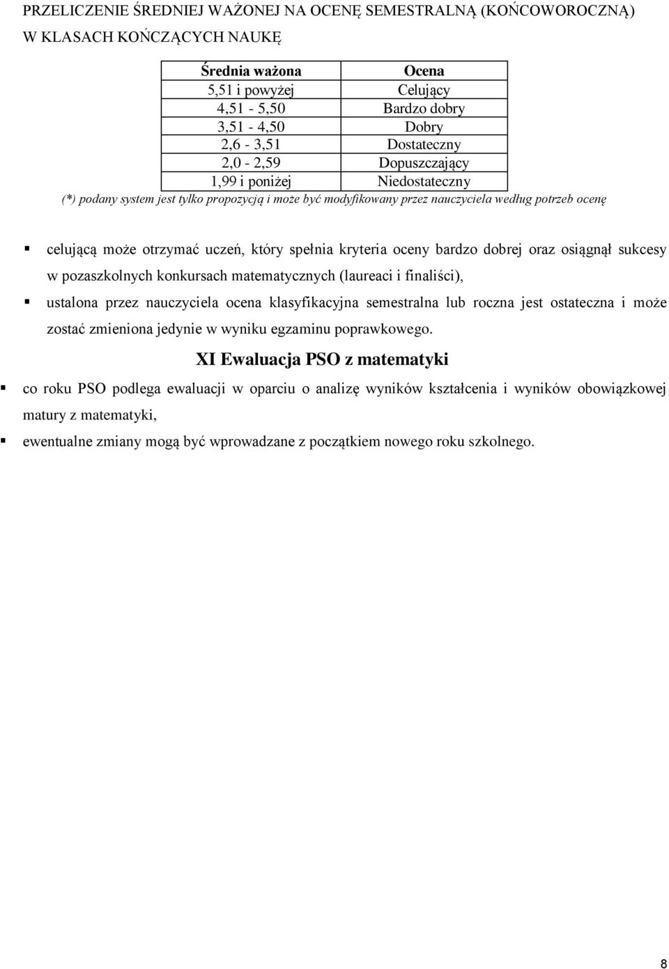 kryteria oceny bardzo dobrej oraz osiągnął sukcesy w pozaszkolnych konkursach matematycznych (laureaci i finaliści), ustalona przez nauczyciela ocena klasyfikacyjna semestralna lub roczna jest