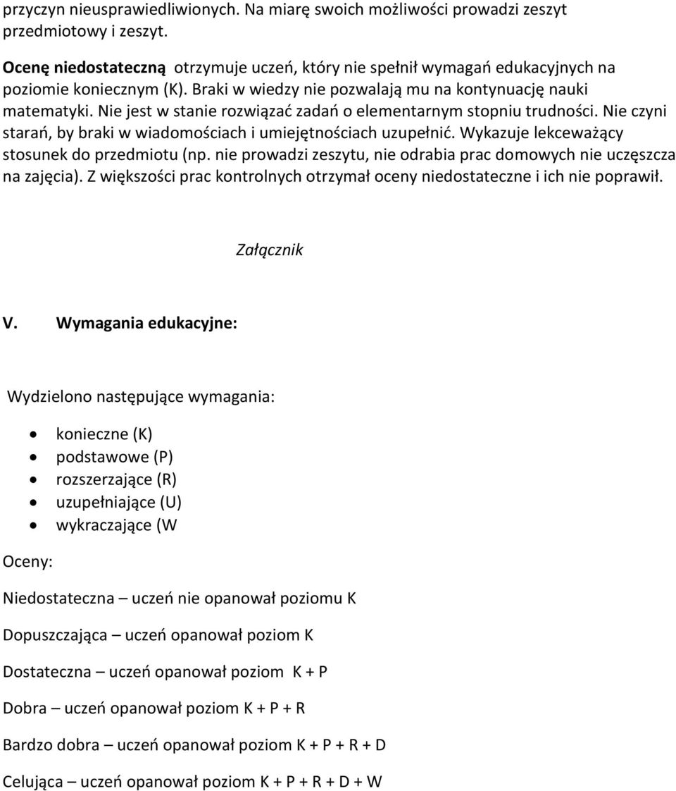 Nie jest w stanie rozwiązad zadao o elementarnym stopniu trudności. Nie czyni starao, by braki w wiadomościach i umiejętnościach uzupełnid. Wykazuje lekceważący stosunek do przedmiotu (np.