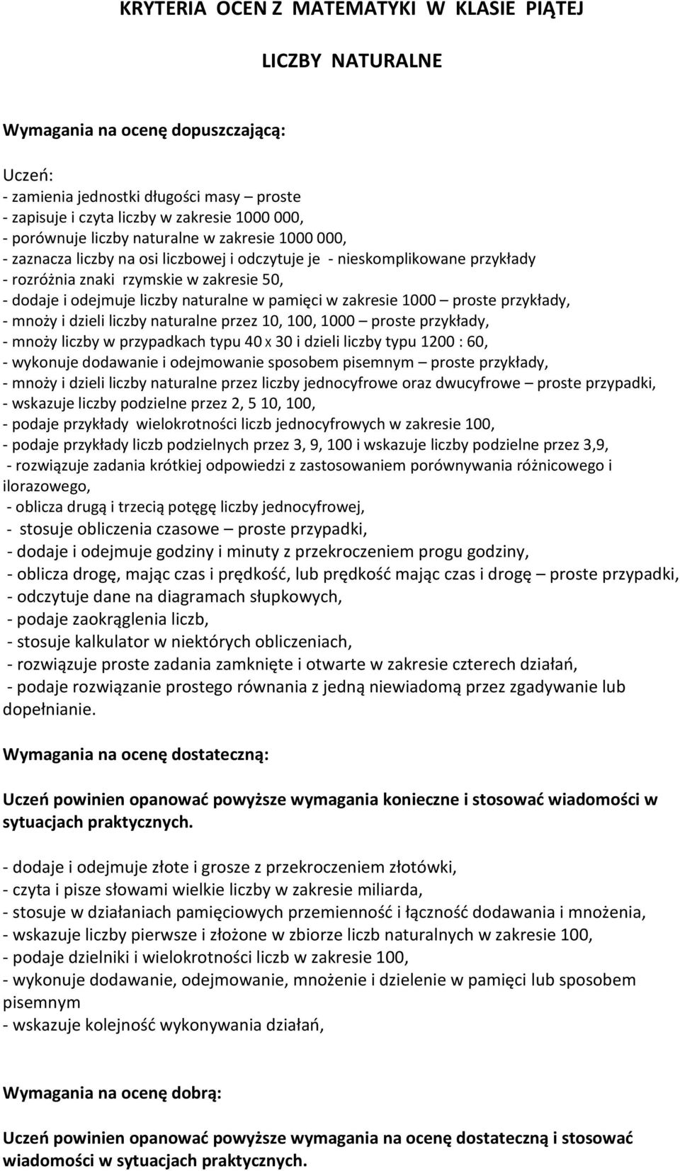 pamięci w zakresie 1000 proste przykłady, - mnoży i dzieli liczby naturalne przez 10, 100, 1000 proste przykłady, - mnoży liczby w przypadkach typu 40 X 30 i dzieli liczby typu 1200 : 60, - wykonuje