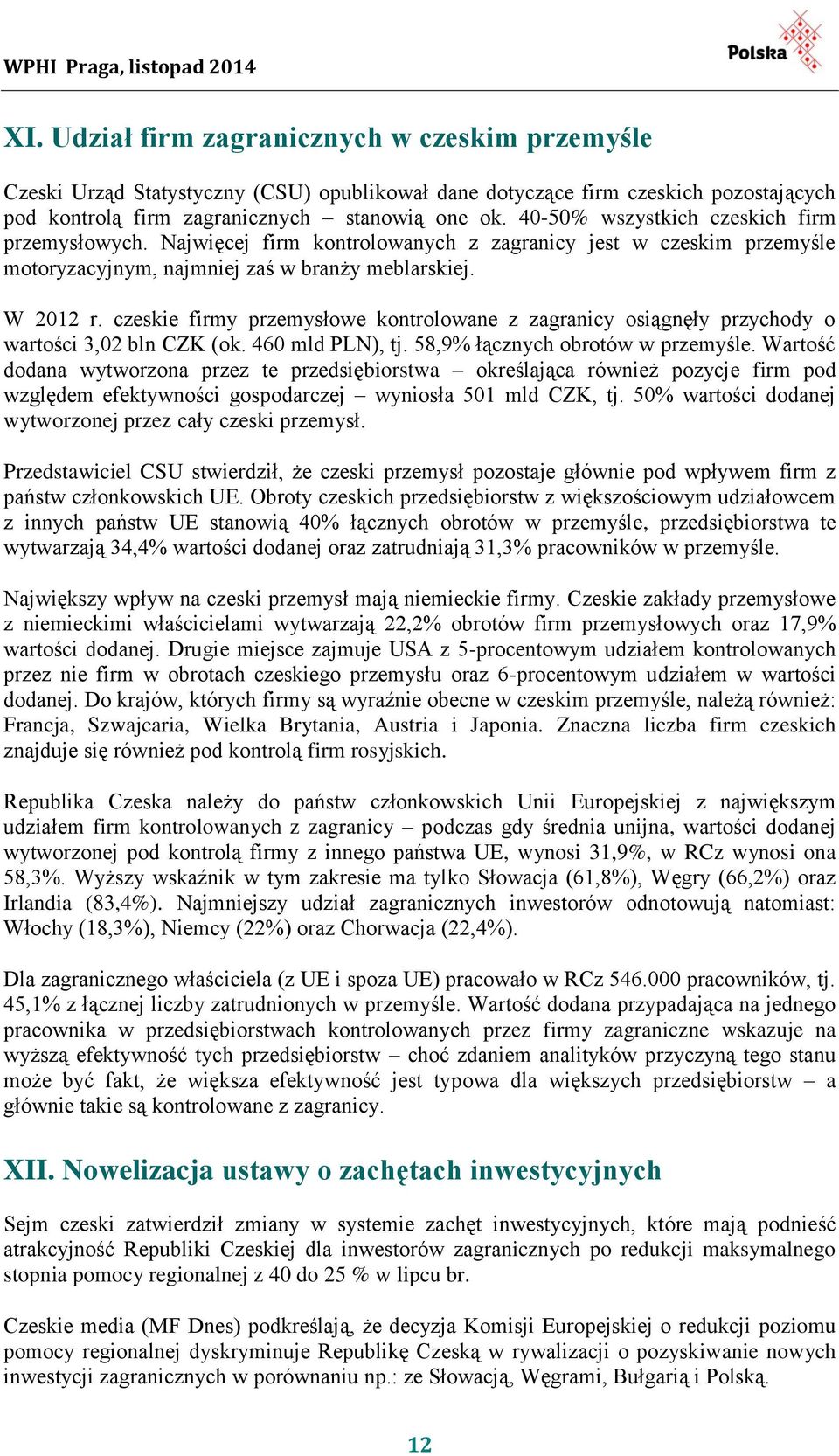 czeskie firmy przemysłowe kontrolowane z zagranicy osiągnęły przychody o wartości 3,02 bln CZK (ok. 460 mld PLN), tj. 58,9% łącznych obrotów w przemyśle.