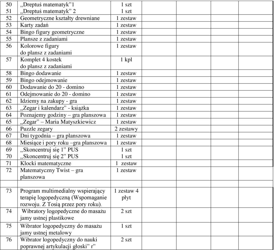 książka 64 Poznajemy godziny gra planszowa 65,,Zegar Maria Matyszkiewicz 66 Puzzle zegary 2 zestawy 67 Dni tygodnia gra planszowa 68 Miesiące i pory roku gra planszowa 69 70,,Skoncentruj się 1