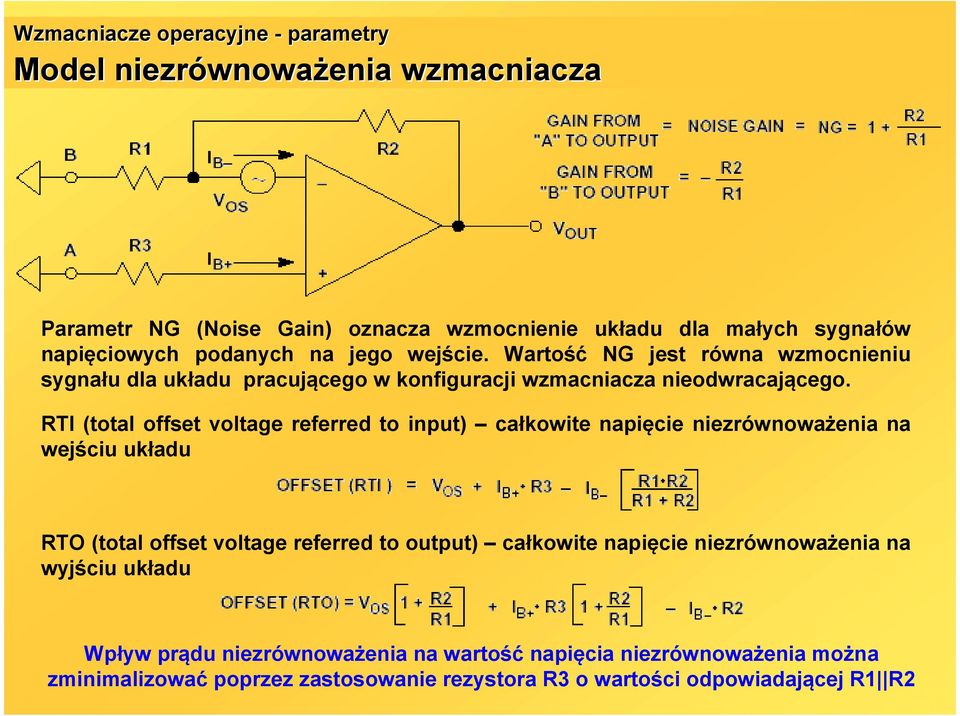 RTI (total offset voltage referred to input) całkowite napięcie niezrównoważenia na wejściu układu RTO (total offset voltage referred to output) całkowite