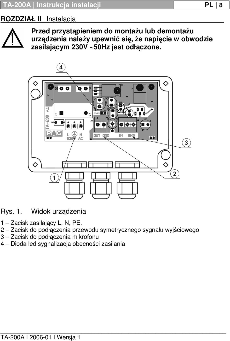 odłączone. Rys. 1. Widok urządzenia 1 Zacisk zasilający L, N, PE.